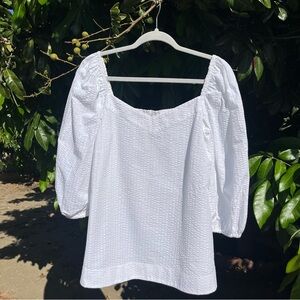 CUYANA white textured square neck long puff sleeve blouse